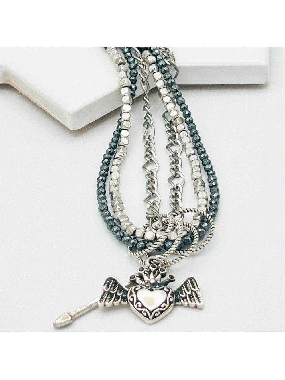 Three chains with sterling silver with heart and arrow (chrome hearts vibe)